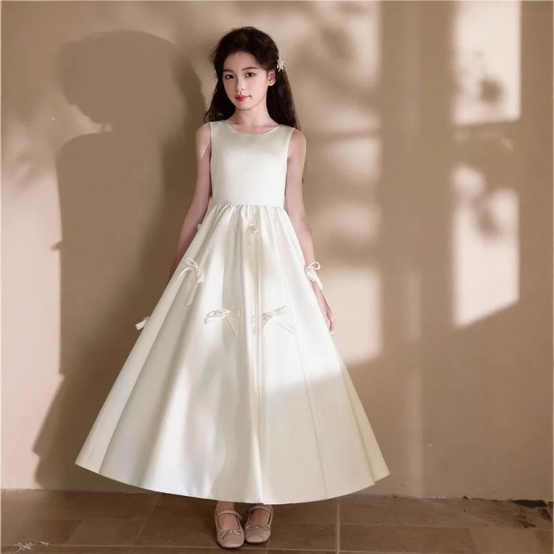 White Children's Princess for Girls, Big Kids Piano Simple High-end Host Performance Outfit Daily Dress