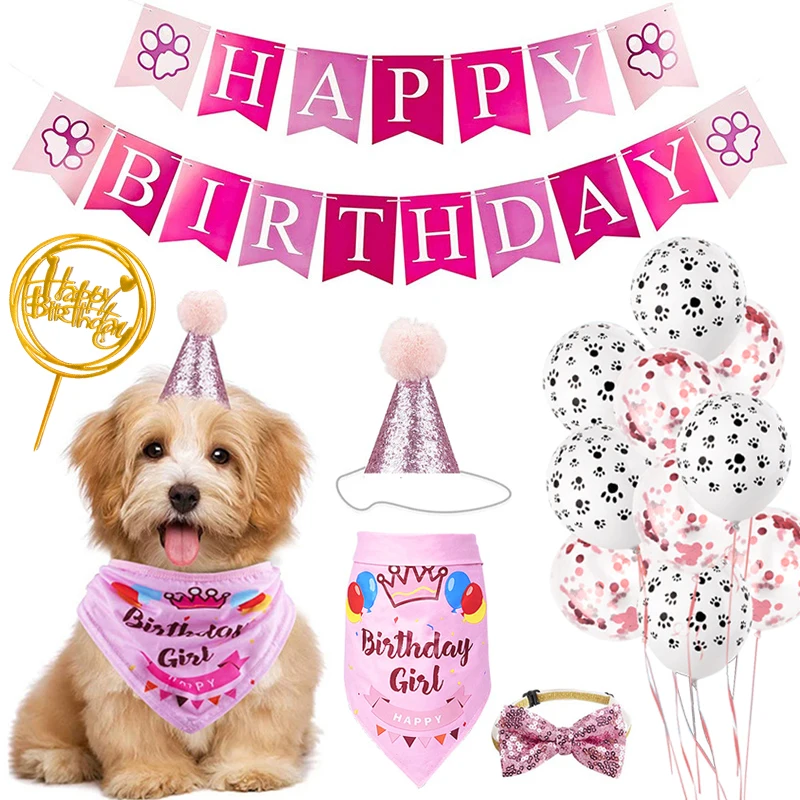 

Pet Birthday Party Set Skirt Hat Bowtie for Dogs Gift Celebrating Pull Flag Saliva Towel All for Pets Puppy Cats Party Wholesale