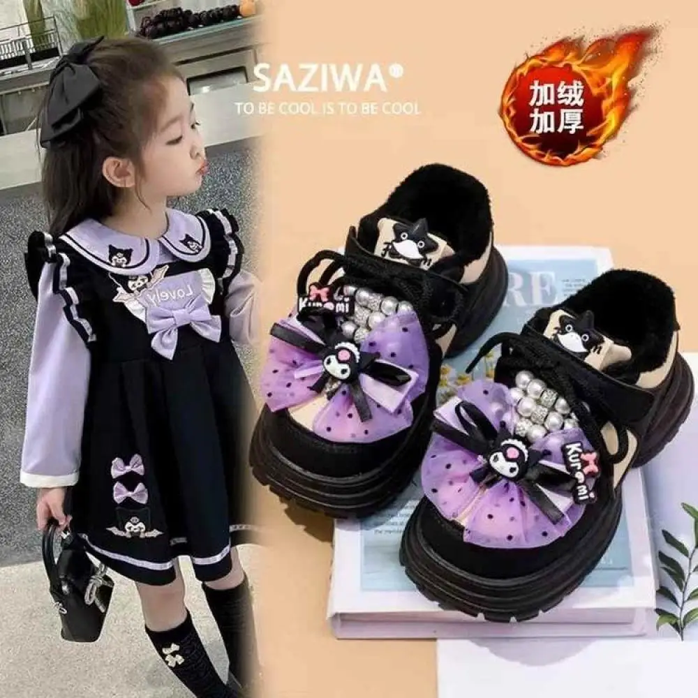 Kuromi Girls Leather Shoes Sanrio Kawaii Anime Cartoon Girly Heart Soft Bottom Ankle Shoes Cute Princess Spring New Childr Shoes