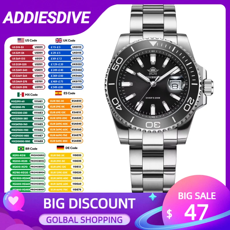 ADDIESDIVE Ceramic bezel Mens Quartz Watch Japan 2115 Stainless Steel Super Luminous Watch for Men Relogios Masculino Male Clock