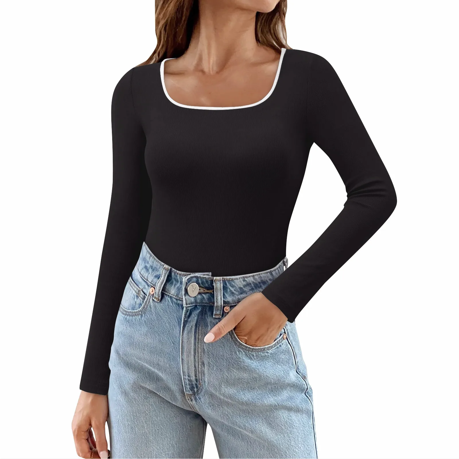 Ladies' Long Sleeve Square Neck T-Shirts Ribbed Tight Knit Sexy Slim Fitting Versatile Casual Basic Cropped Lightwight Shirt