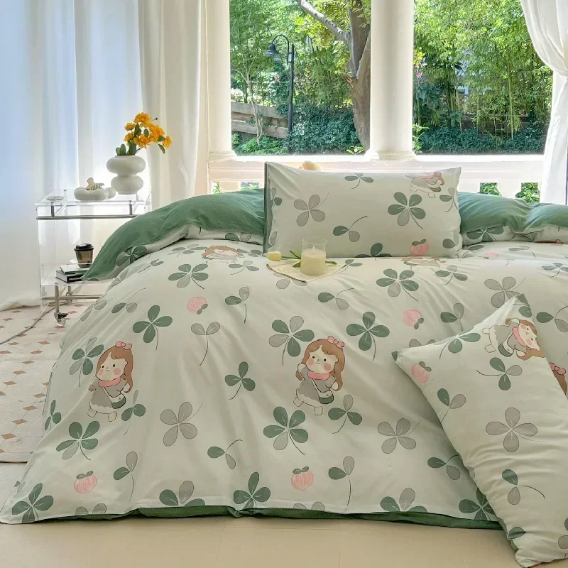 

Garden Girl Printed Bed Set Floral Duvet Cover Pillowcase Bedding Set Cute Bed Sheet Quilt Cover Single Queen King Size Green