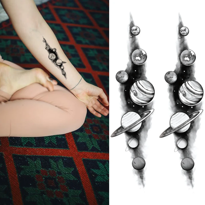 

Tattoo Sticker Planet Moon Compass Temporary Waterproof Flash Makeup Hand Arm Neck Fake Fake Body Art for Men Women