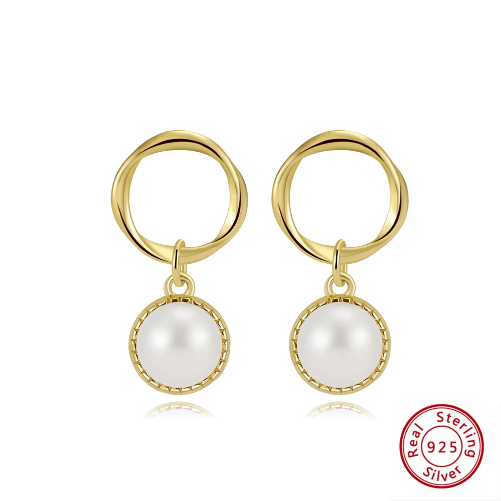 

Kiss Mandy Simple Freshwater Pearl Drop Earrings 925 Sterling Silver Round Pearl Pendant Circle Earrings Wedding Jewelry GPE121