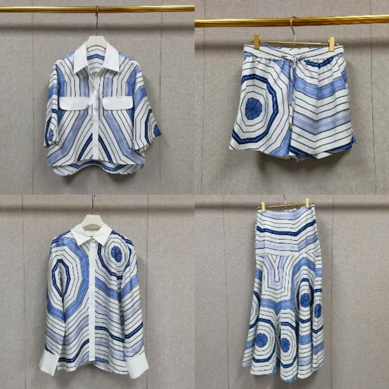 Dames geometrische print set shirt met lange/korte mouwen + elastische taille shorts + onregelmatige geplooide midi-rok mode dame outfit