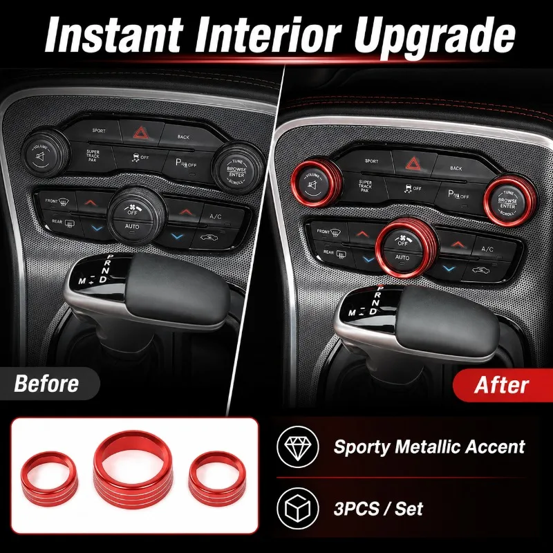 3PCS A/C Audio Knob Trim Rings Aluminum Alloy Center Console Switch Cover for 2015-2022 Challenger Durango Grand Cherokee