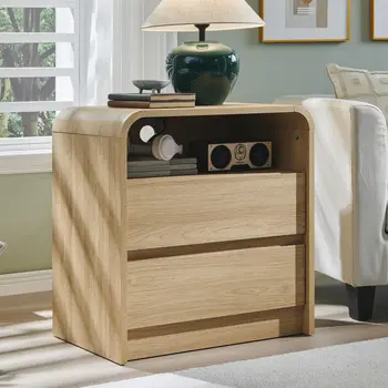 Image 25" Tall Modern Nightstand with Charging Station, 23.6'' Wide Wood Bedside Table w/2 Storage Drawers, Large Mid Century End Tabl