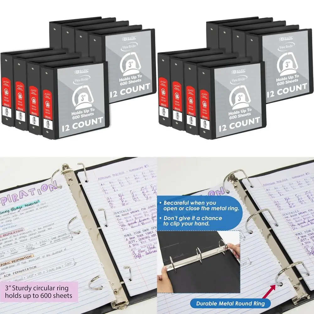 

3 Inch Slant D-Ring Binder, Holds 600 Sheets, 12-Pack, Black for School or Office Use