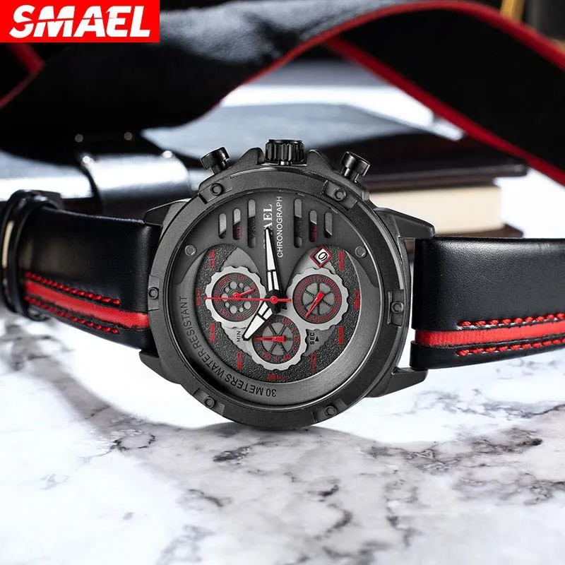 Smael Smael مضيئة شخصية العصرية ساعة كوارتز مقاوم للماء متعددة الوظائف ساعة رياضية للرجال