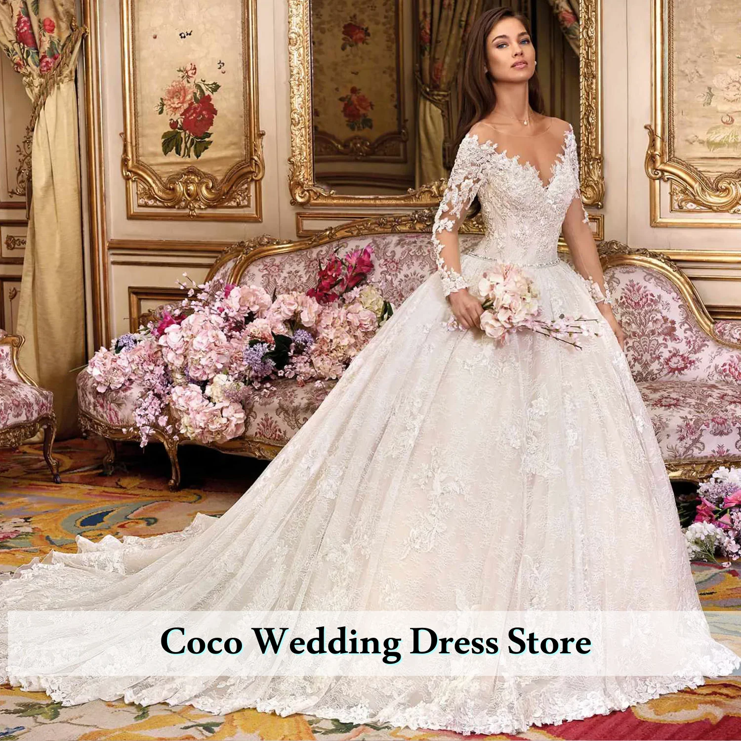 Customized O-Neck Buttons Up Back Beads Appliques Lace Crystal Waist Gorgeous Ball Gown Wedding Dresses Vestido De Novia