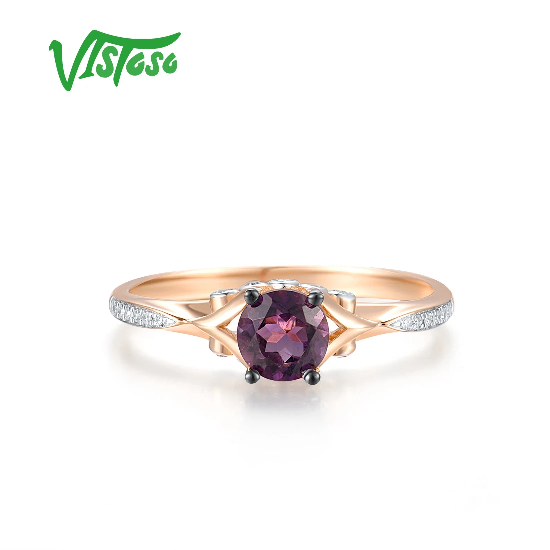 VISTOSO Authentic 14K 585 Rose Gold Ring For Women Sparkling Diamond Round Amethyst Party Wedding Gift Fashion Fine Jewelry