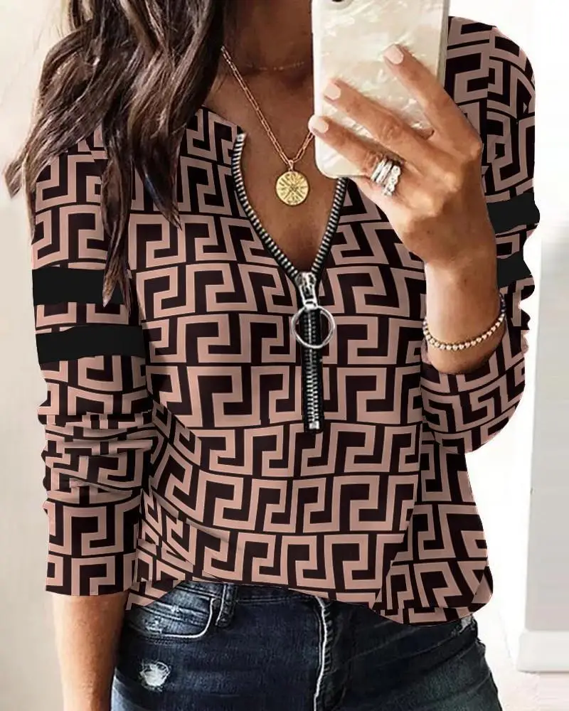 Spring Elegant Women's Zipper Blouse Tops Spring Casual Print Long Sleeve Pullover T-shirt Women Shirts 2024 New Female Clothing