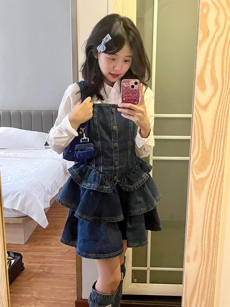 Zomer ort Cake Rok Dr Dames Denim Puffy Sve Afslanken Taille Cinched Hot Girl Dr A-lijn Silhouet 8-24 jaar oud