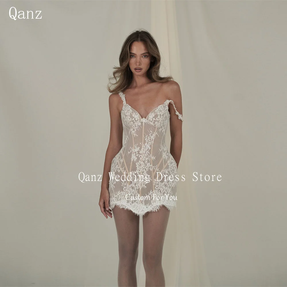 Qanz Boho Mini Wedding Dress Spaghetti Straps 3D Lace Appliques Robe De Mariée Above Knee Women Vestido De Novia Customized