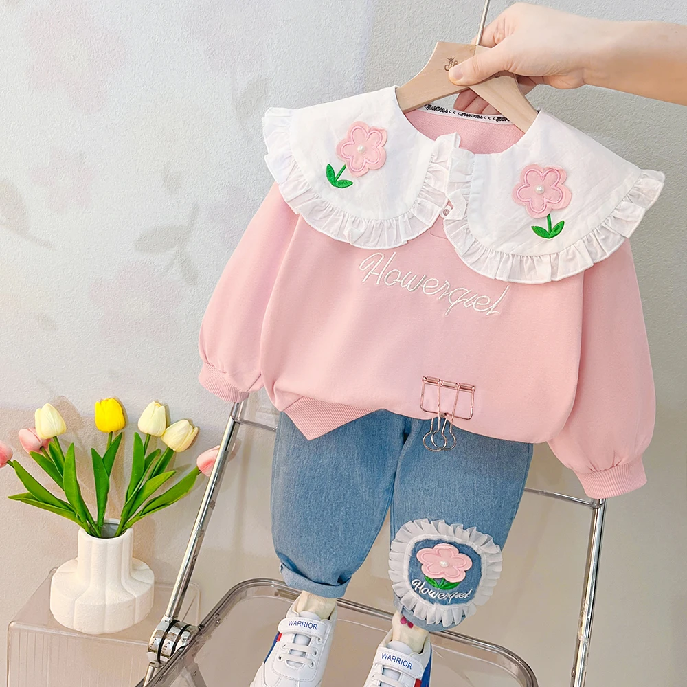 Baby Girls Clothing Sets 2023 Spring Kids Lace Floral T Shirt Jeans 2 Pcs Suits Infant Casual Clothes Outfits Children Costume