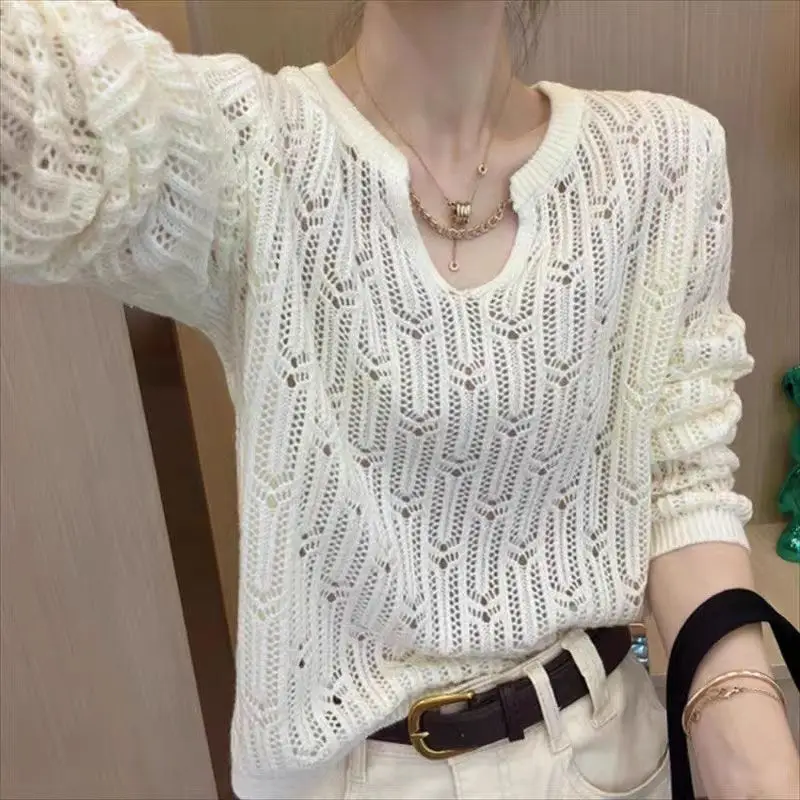 Fashion Slimming Pullover Solid Hollow Out Long Sleeved Knitted Sweater Women\'s Spring Autumn Winter Hook Flower Base Shirt Top