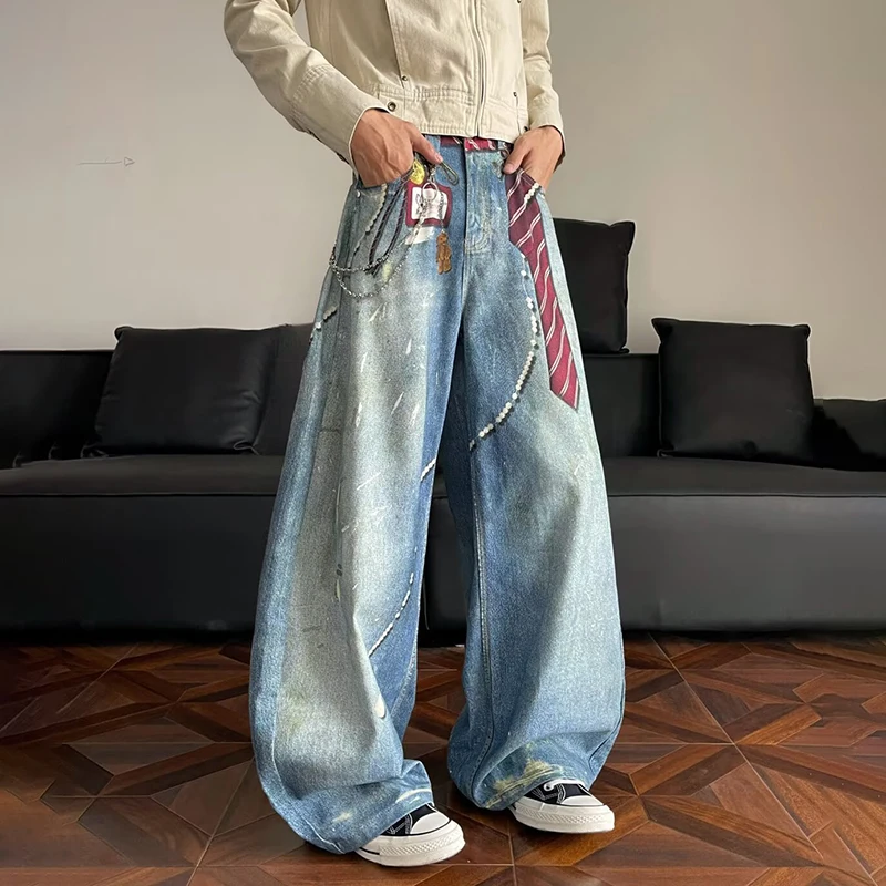 WTHT Vintage Men's Print Do Old High Street Loose Denim Pants Fashion American Style Wide Leg Jeans Male 2025 Winter 2A2565