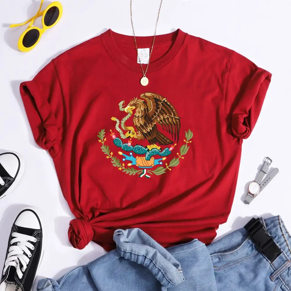 Mexico A Divine Eagle Holding A Snake In Its Beak Print Female Tshirt Breathable O-Neck Tees Casual Crop Top Streetwear Clothes