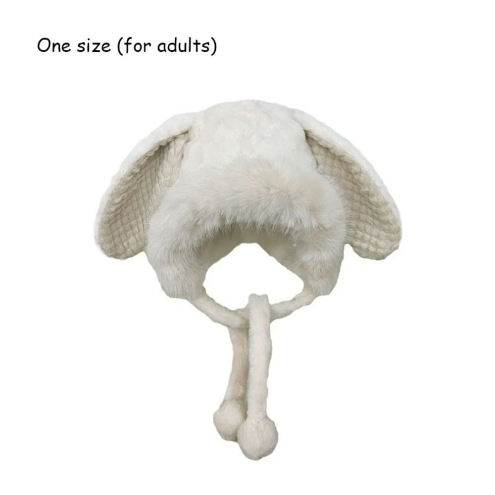 Topi Musim Dingin Hangat Lucu dengan Tali, Topi Wol dengan Telinga Beruang, Topi Ember Pelindung Telinga Beludru untuk Wanita