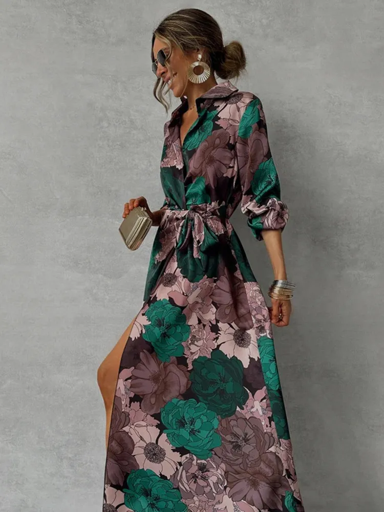 

SKMY 2025 New Long Dresses Y2k Clothes Women Autumn Fashion Printed High Waist Lace-Up Long Sleeve Dress Party Clubwear