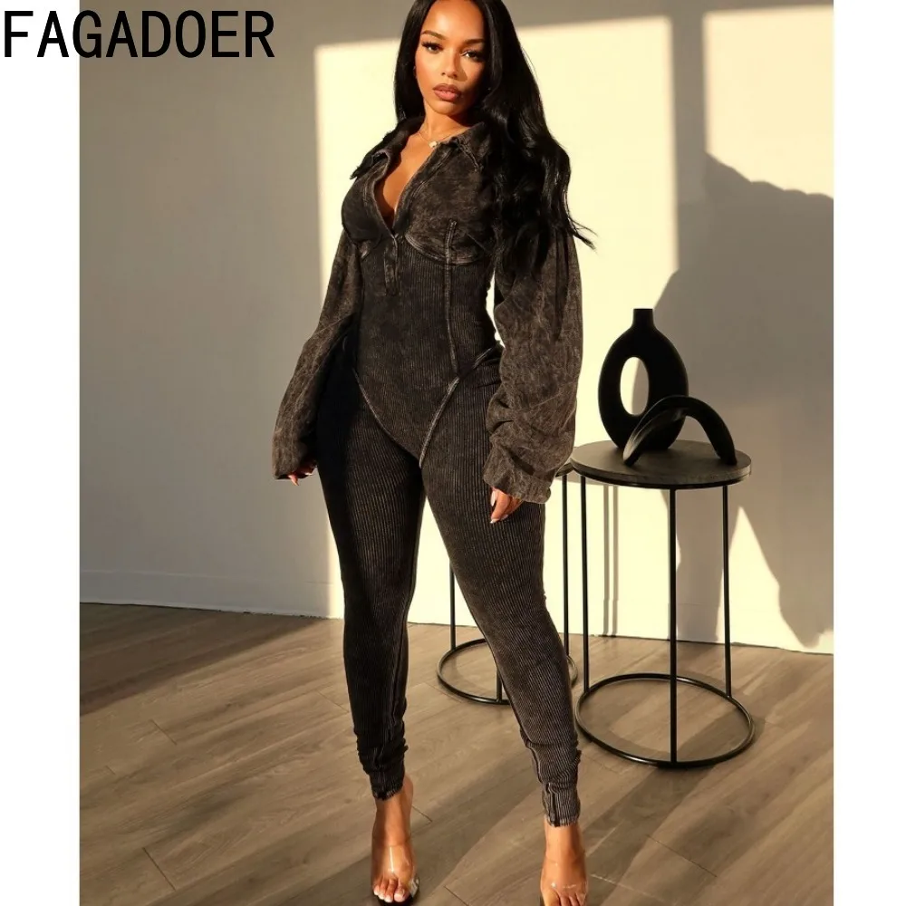 FAGADOER jumpsuit Bodycon Ribber kualitas tinggi Solid Fashion wanita leher V playsuit ramping lengan panjang overall elastisitas wanita