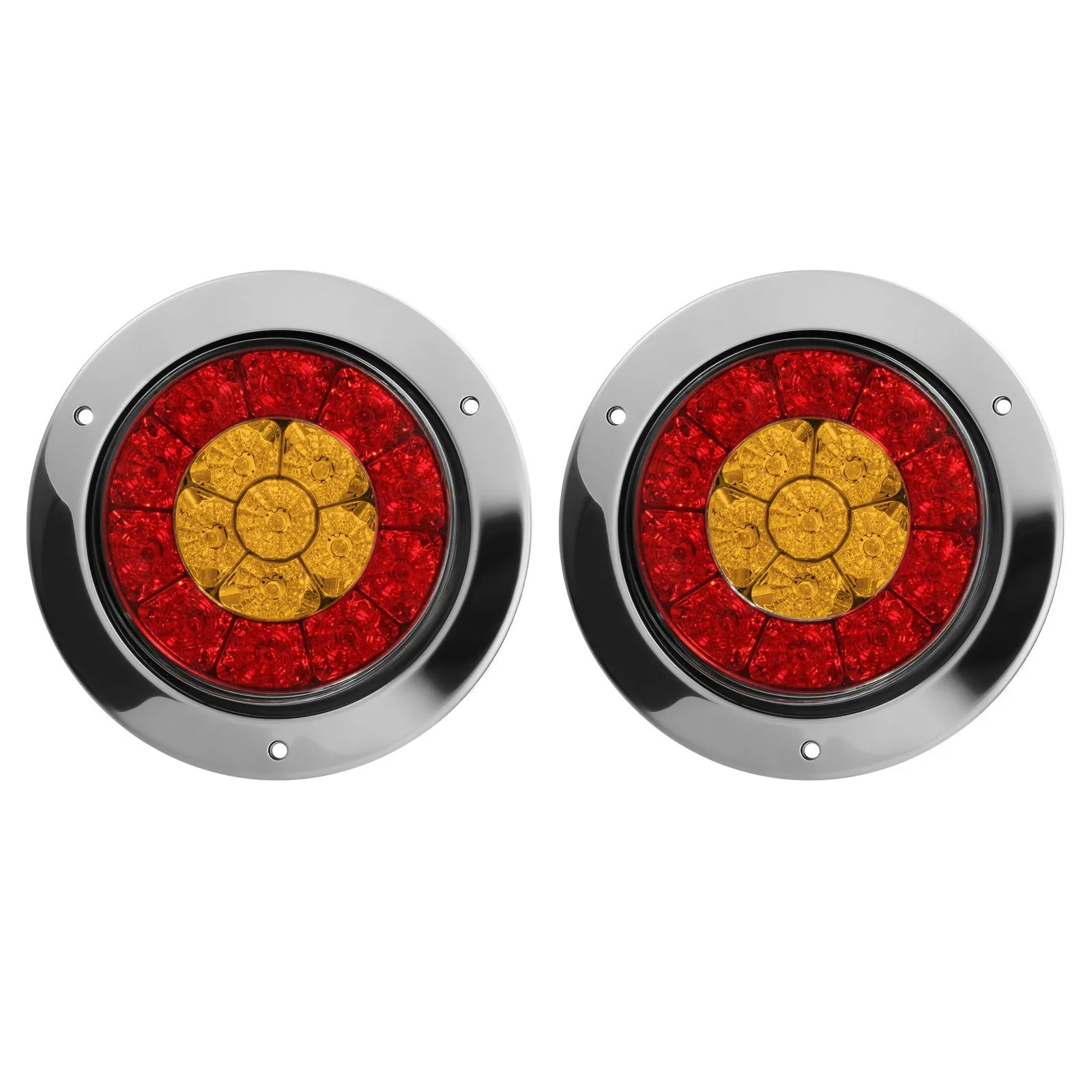 ABOK-2X 4 Inch 16 LED Round Truck Trailer RV Brake Stop Turn Tail Signal Light Red Amber Chrome Waterproof 12-24V