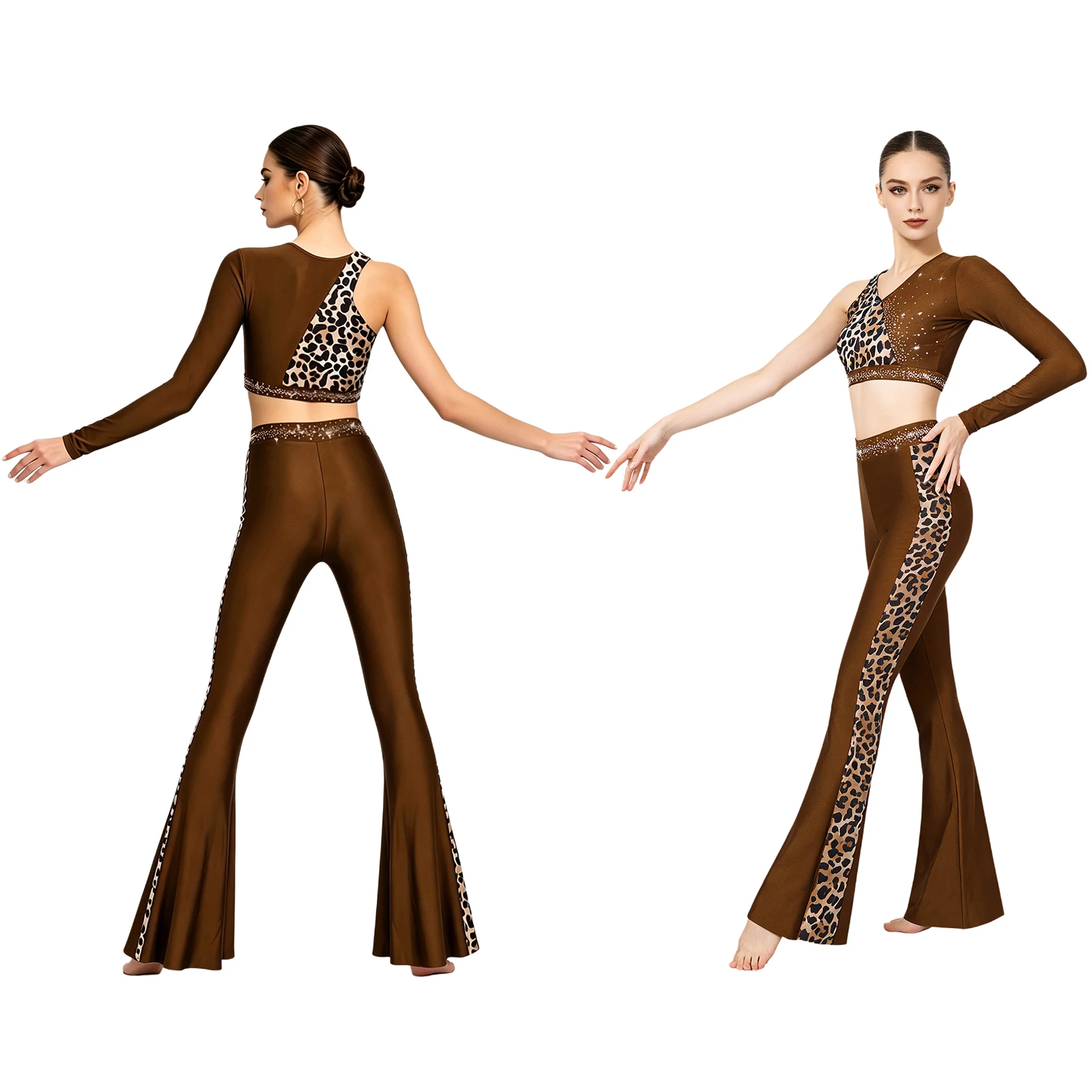 Conjunto de Ropa Moderna para Danza del Vientre para Mujer, Elegante Top Corto con Pedrería Brillante y Pantalones Acampanados, Conjunto de Danza Ballet Chacha Salsa