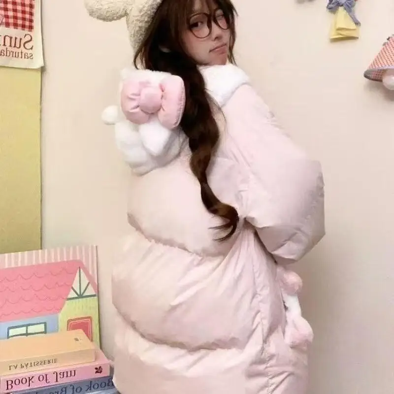 

Anime Winter Down Jacket Embroidery Coat Hello Kitty Cartoon Thicken Cotton Clothes Hooded Jacket Loose Warm Sweet Girls Tops