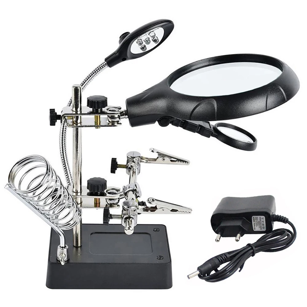 Desktop LED Magnifying Glass Soldering Station Adjustable Helping Hands Magnifier 2.5X 7.5X 10X Alligator Clips for PCB Welding