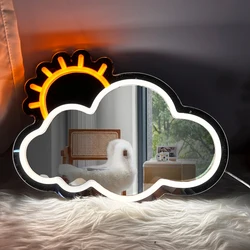 Cloud Neon Mirror Sign for Wall Decor, 16’’x12’’ USB Powered Dimmable LED Cloud and Sun Mirror Light Sign for Bedroom, Kids Room