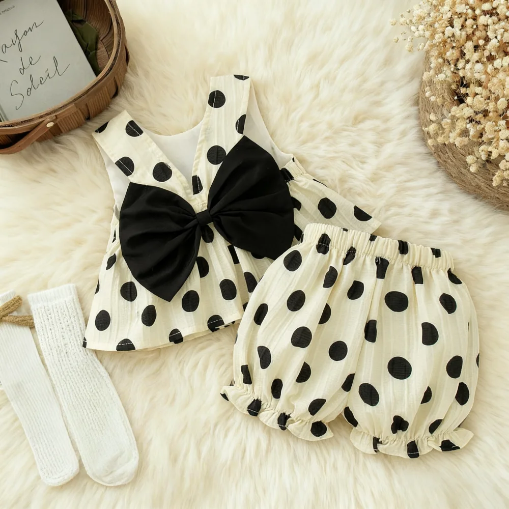 

Комплект для маленьких девочек, летний топ с бантом в горошек и шорты, одежда для маленьких девочек, милый хлопковый комплект для малышей