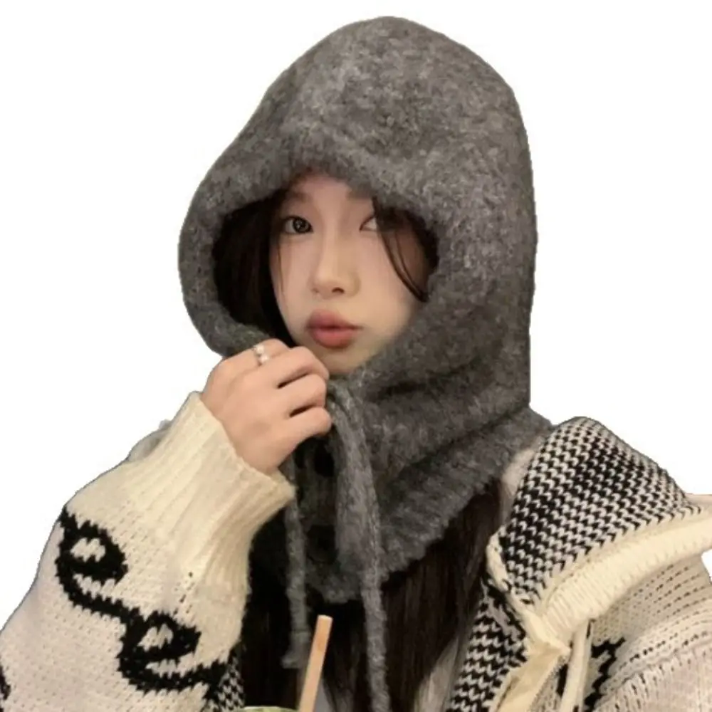 Korean Solid color Women Balaclava Plush Winter Warmer Knitted Pullover Hat Hat and Scarf Integrated Knitted Beanies Outdoor