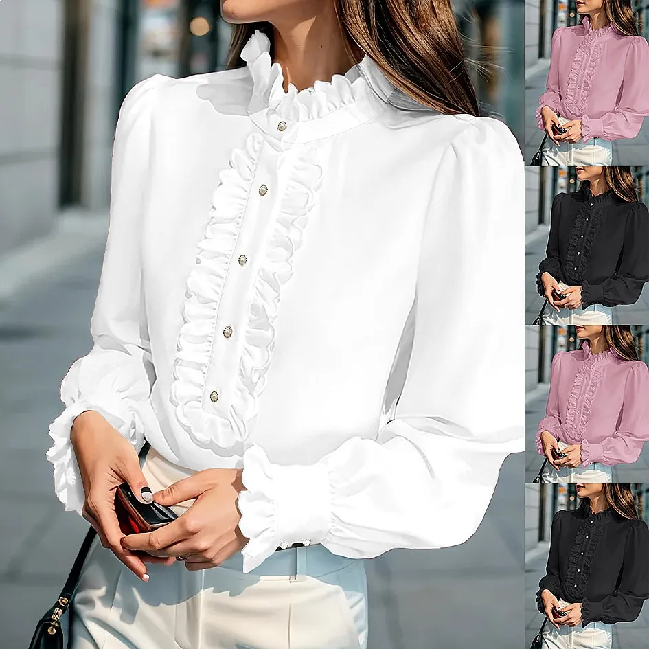 Elegant Long Sleeve Blouse with Ruffles, Tops for Women Spring Summer Plus Size, Fashion Shirts for Casual Evening Dress