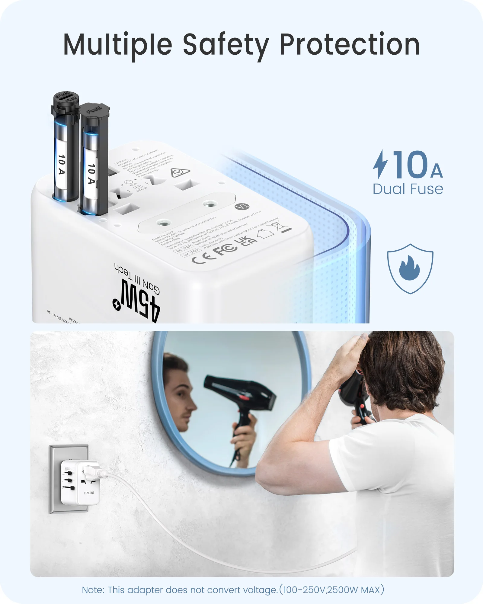 LENCENT 65W/45W/30W GaN Universal Travel Adapter with USB-A and Type C Fast Charging Power Adapter EU/UK/USA/AUS Plug for Travel