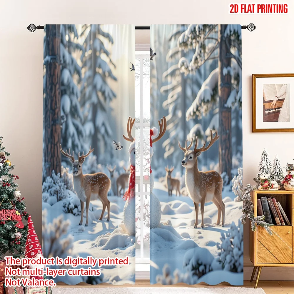 

2pcs 2D flat printing Merry Christmas Popular Window Curtains Snowman deer birds winter forest Polyester Without Electricity