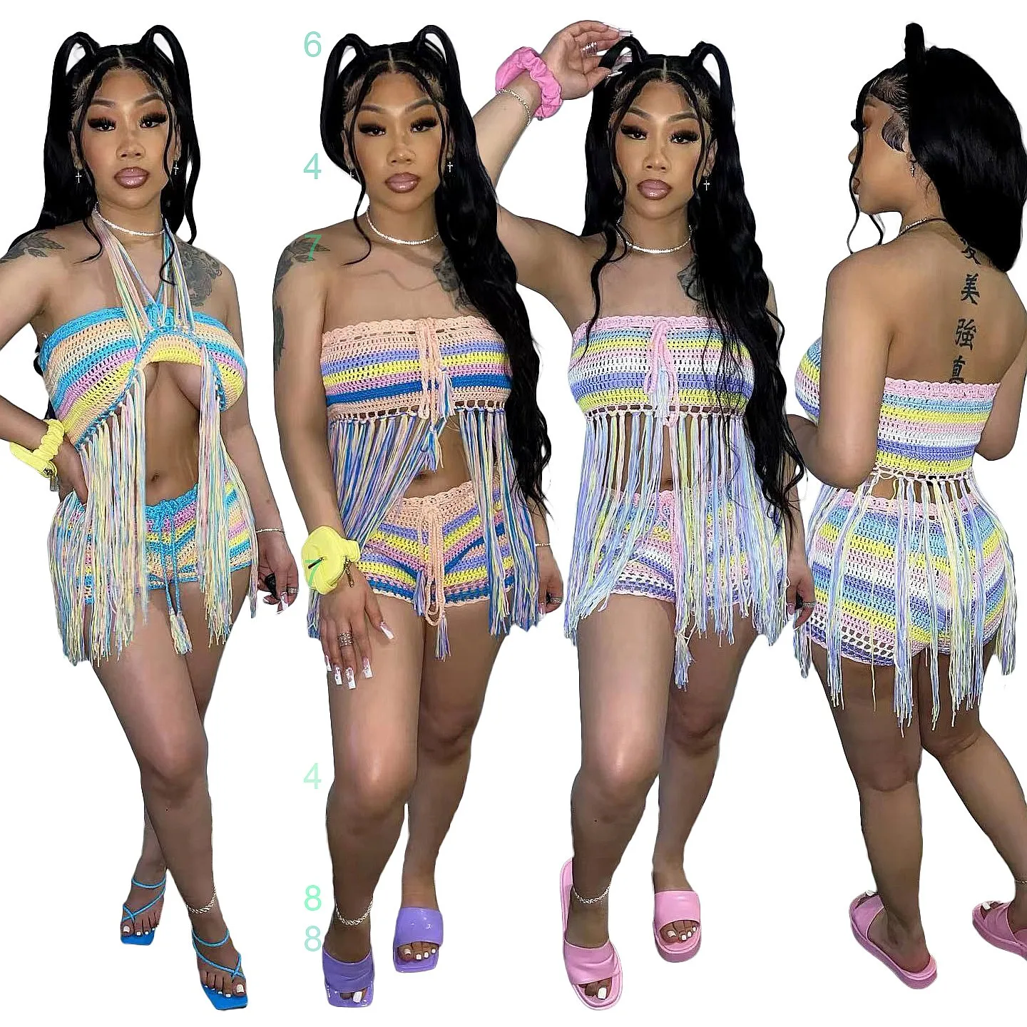 Multicolor Hand Crochet Knit Fringe Matching Set Women Jumpsuit Playsuit Overall Spring Summer