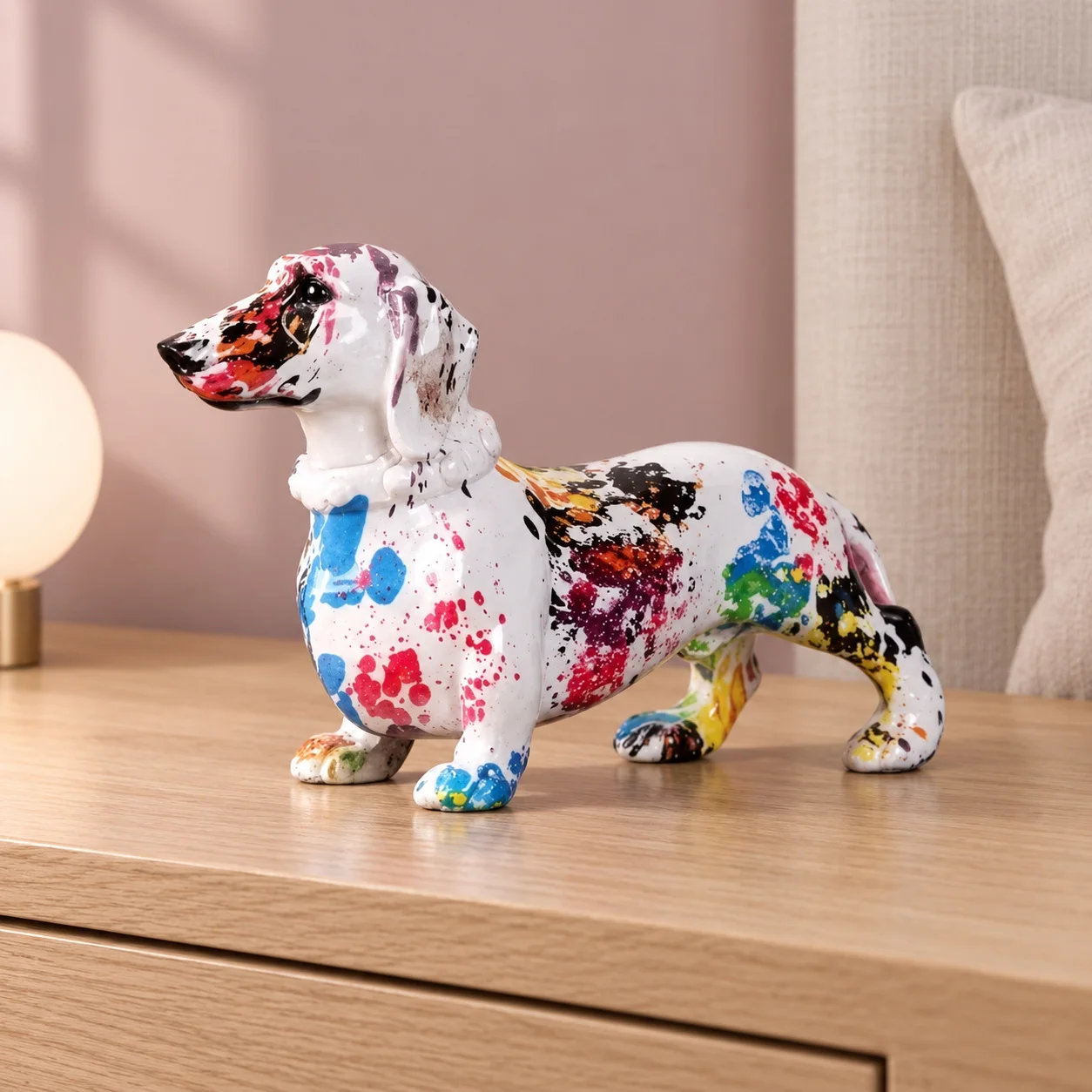 Colorful Dachshund Resin Statue Graffiti Pattern Paint Splatter Dog Decor for Living Room Desk Shelf Office