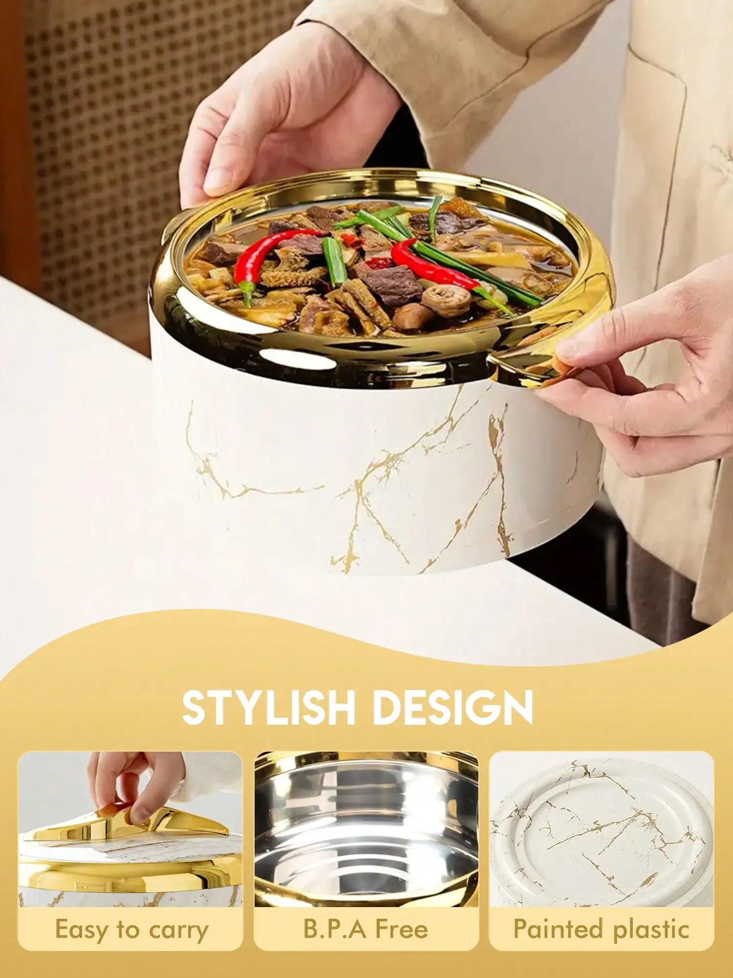 3PCS Gold Insulated Stainless Steel Food Warmer Set with Lids Thermal Casserole Serving Bowls for Buffet Hot Pot