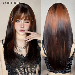 LOUIS FERRE Brown Highlight Cosplay Hair Synthetic Wigs With Bangs For Women Long Straight layered Wigs Heat Resistant Fake Hair