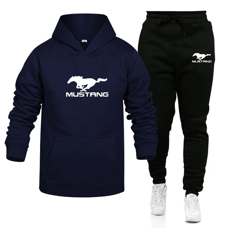 Men\'s Mustang Print Harajuku Fleece Clothing Hoodies+Pants 2-piece Fashion Sports Shirt Women\'s Casual Pullover Sportswear Set