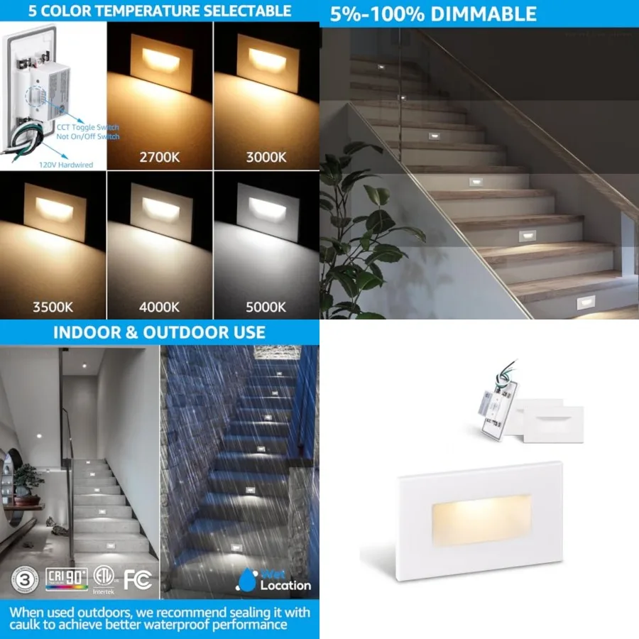 

5CCT 0V LED Step Lights, .5W 5%-100% Dimmable Stair Lights Indoor Outdoor Wet Location, CRI90, ETL, Alumum, 150LM, Horizontal,