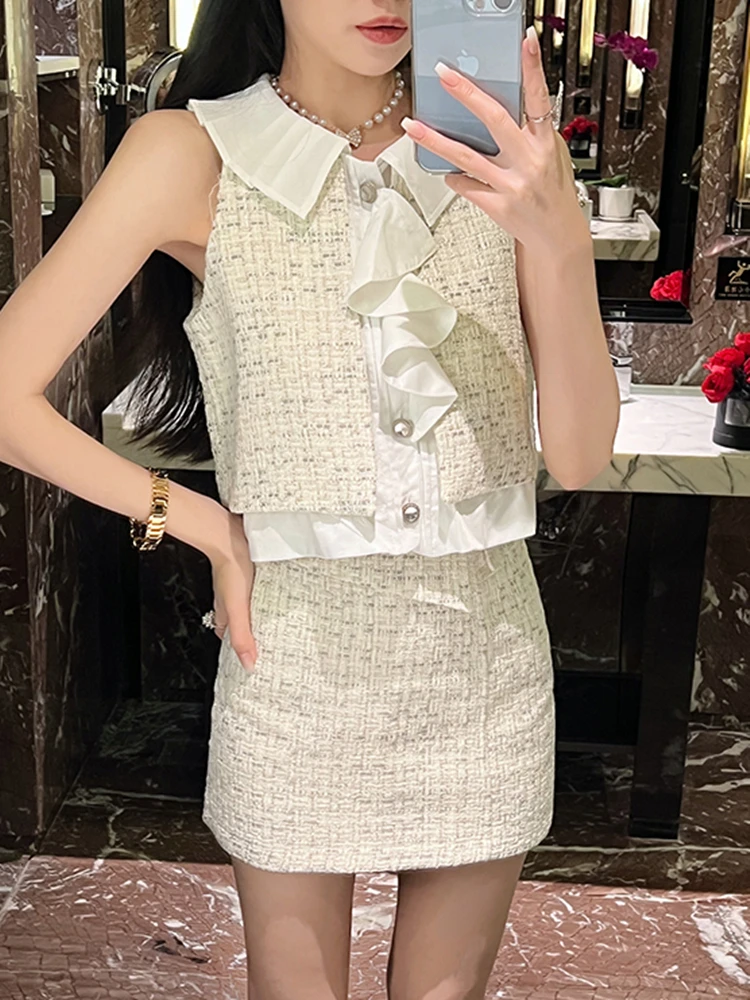

2024 Summer Elegant Sexy Tweed 2 Piece Set Women Short Sleeveless Crop Top + A-line Skirt Vintage Two Piece Skirt Set Outfits