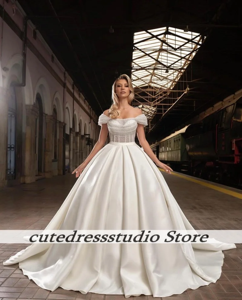 Luxury Beaded Off The Shoulder Wedding Dress For Arabic Girls Shinny Pears Bridal Gowns Sweet Corset Vestido De Novia Customized