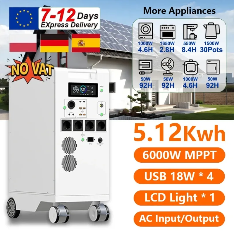 

【Best Sale】NEW 5000W Portable Power Station ALL IN ONE 48V 5Kwh Battery 6000W MPPT With Lighting USB*4 Type C*2 EU AC Input/Outp