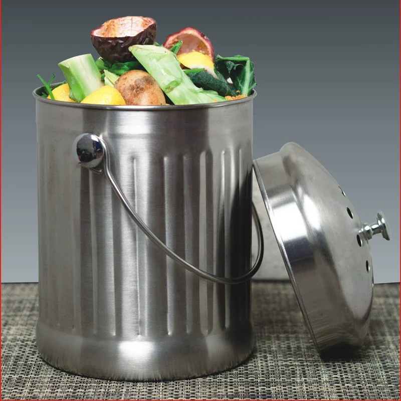 5L Stainless Steel Kitchen Compost Bin Black Charcoal Filter Vegetable Peel Waste Can for Household Food Scrap Storage