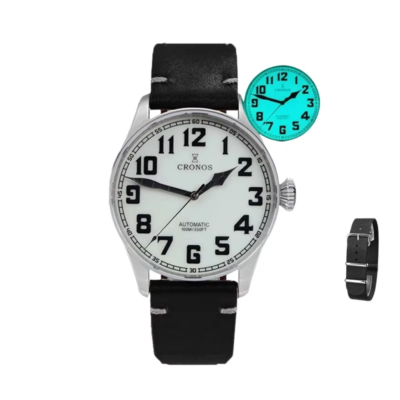 Cronos Pilot Flieger Mechanical Men Watch Stainless Steel Luminous Sapphire Skeleton Back Leather Strap