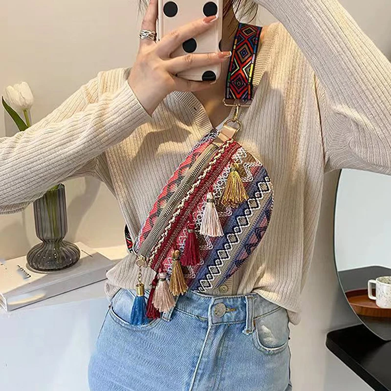 Women Folk Style Waist Bags with Adjustable Strap Variegated Color Fanny Pack with Fringe Decor Crossbody Chest Bags