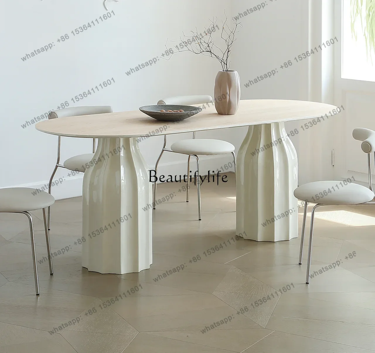 D30**Shell Dining Table Light French Cream Style Oval Solid Wood Dining Table Modern Simple Home