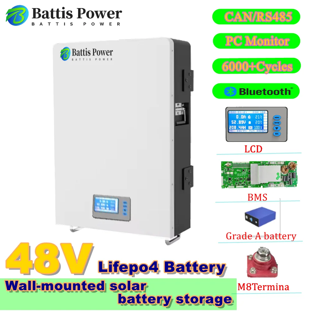 

JNX-48V 24V 80Ah 100AH 120A 150Ah 200Ah lifepo4 lithium batterry bluetooth wall mounted with charger for solar system inverter