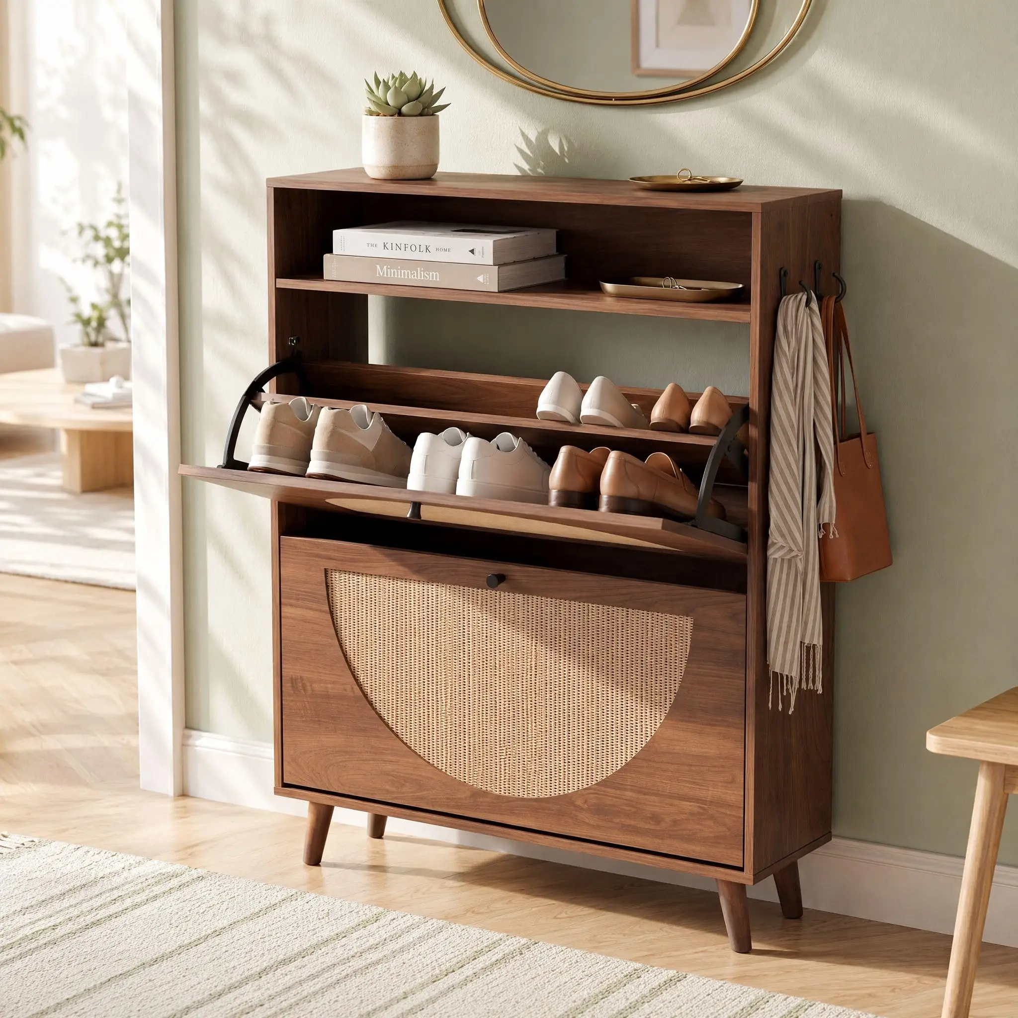 Rattan Shoe Cabinet Storage for Entryway with 2 Flip Drawers, Walnut